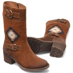 BORN Triana Mid Calf Leather Western Wool Weave With Buckle Boots EUC